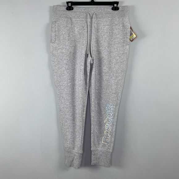 NWT Reebok Refresh Cuffed Jogger Sweatpants Gray Graphic Logo Women’s Size Large - Picture 1 of 9